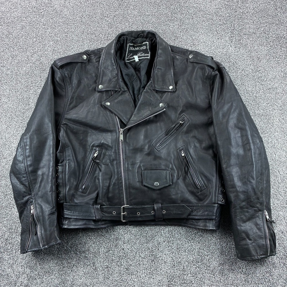 Vintage Diamond‎ Leather Collection Biker Jacket Mens 50 Black Zip Up Studded